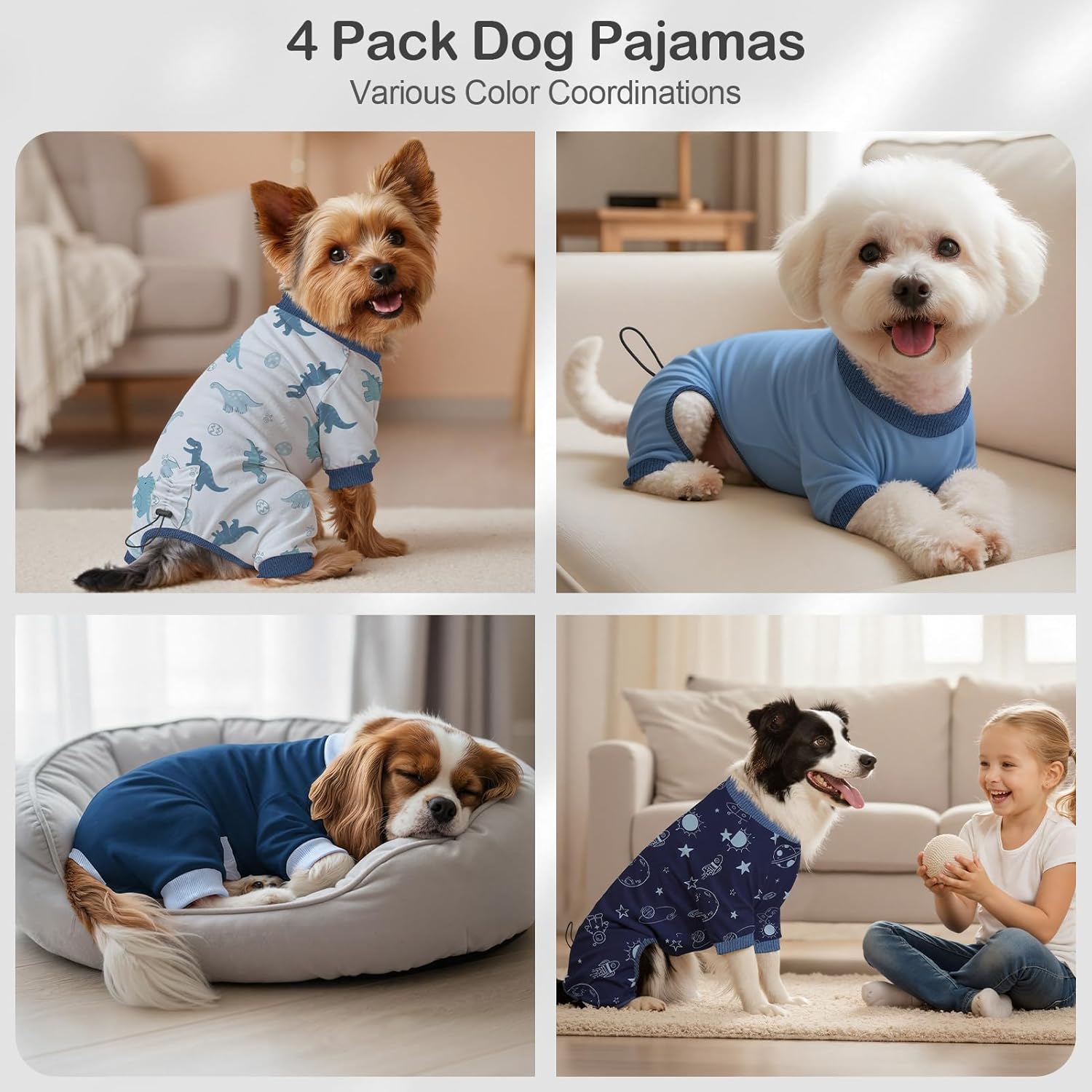 4 Pack Dog Pajamas Pet Costumes Dog Jammies Onesies Sweatshirt Adjustable Breathable Stretchy Clothes for Puppy Small Medium Large Dogs Girls Boys,S